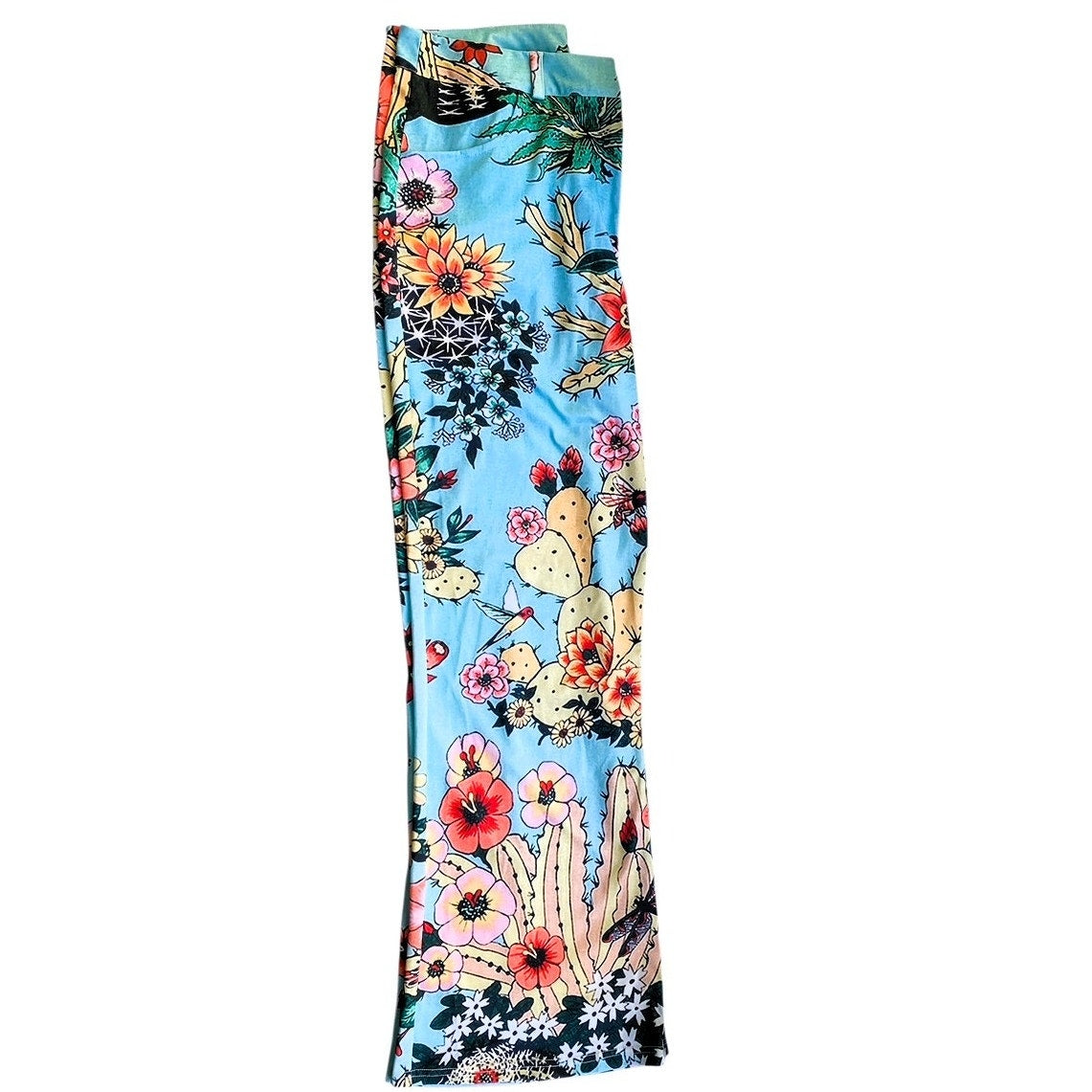 NWT ~ Blue Vintage Look Groovy 70's Polyester Floral Birds Flare Leg Pants ~ L