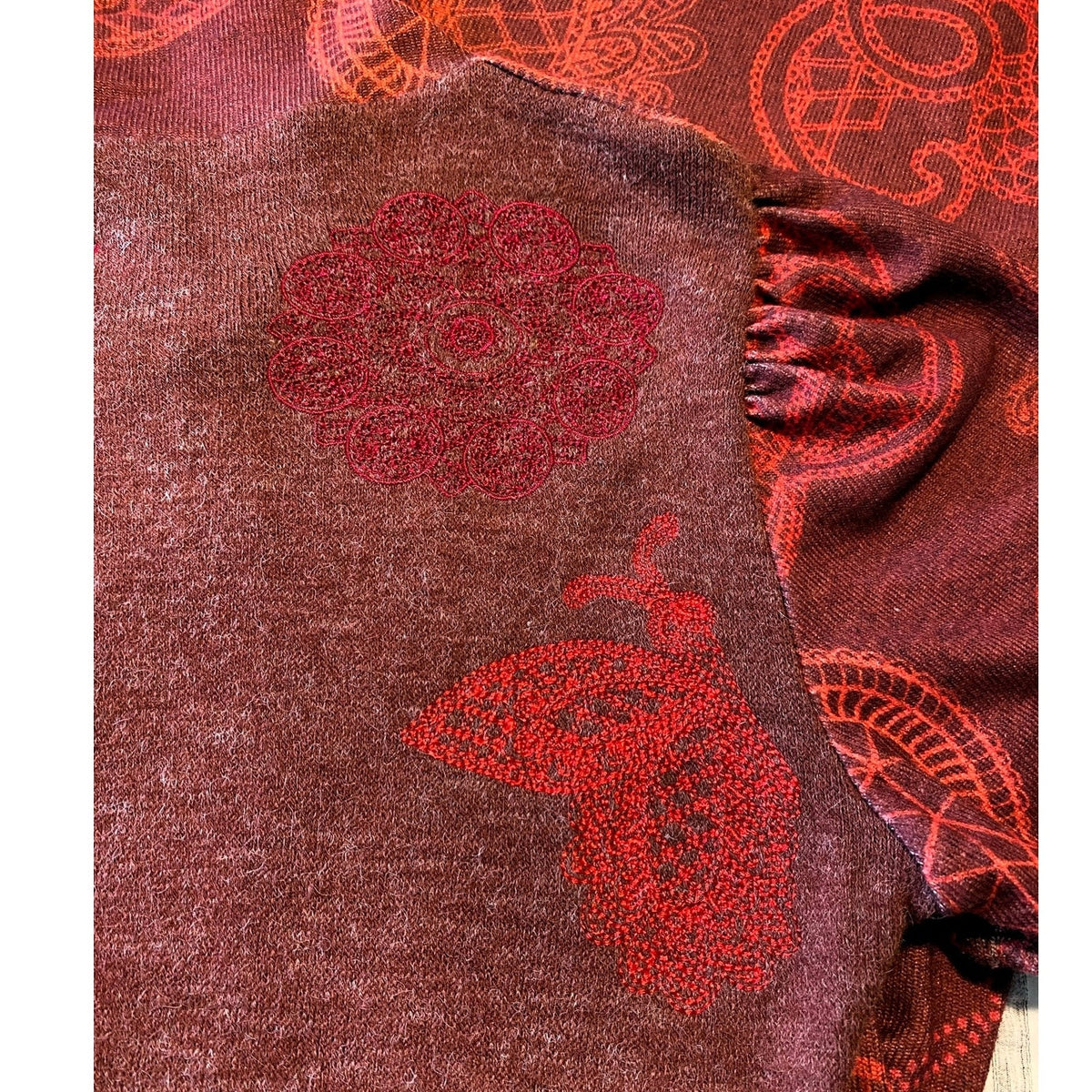 NWT ~ SMASH Embroidered Floral Butterfly Paisley Brown Knit Poet Dress ~ SMALL