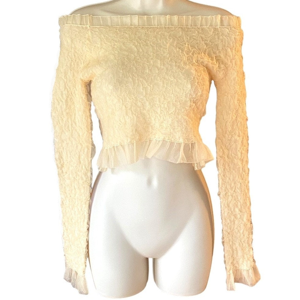 NWT ~ ZARA Beige Lace Tulle Off Shoulders Tight Crop Knit Top ~ Women's SMALL