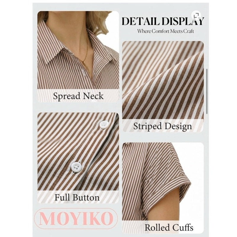 NWT ~ Women's Striped Casual Short Sleeve Summer Blouse Button Down Top ~ MEDIUM