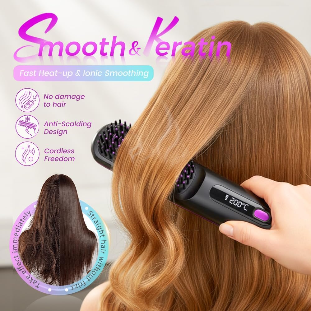 BRAND NEW ~ Cordless LCD Temperature Display White Straightening Hair Brush Comb