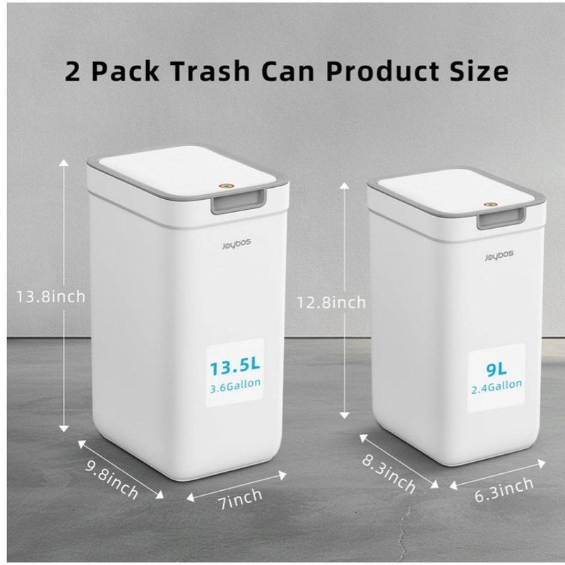 BRAND NEW ~ Set/2 Slim White Plastic Trash Cans with Pop-Up Lids 3.6Gal & 2.4Gal