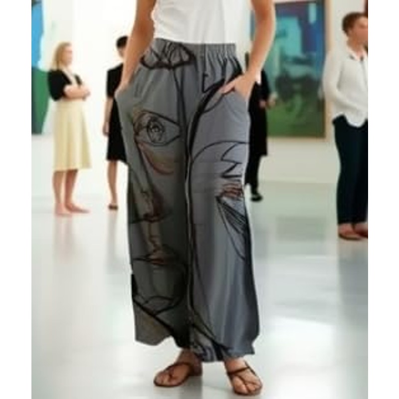 NWT ~ Gray Abstract Pockets Wide Leg Loose Casual Pants ~ Women's Size LARGE
