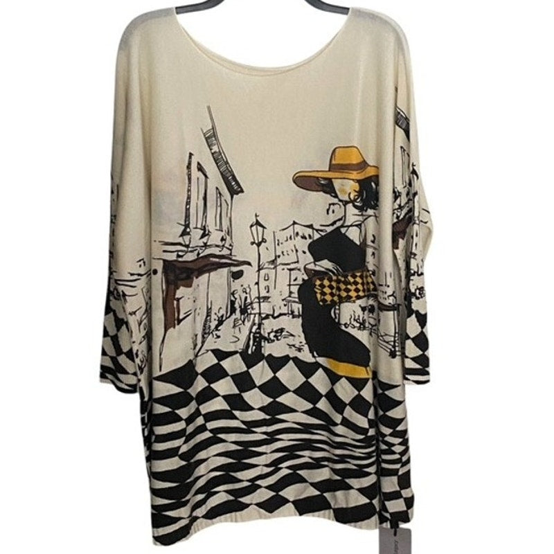 NWT ~ Oversized Abstract Checked Walk City Art Deco Woman Sweater ~ OneSize