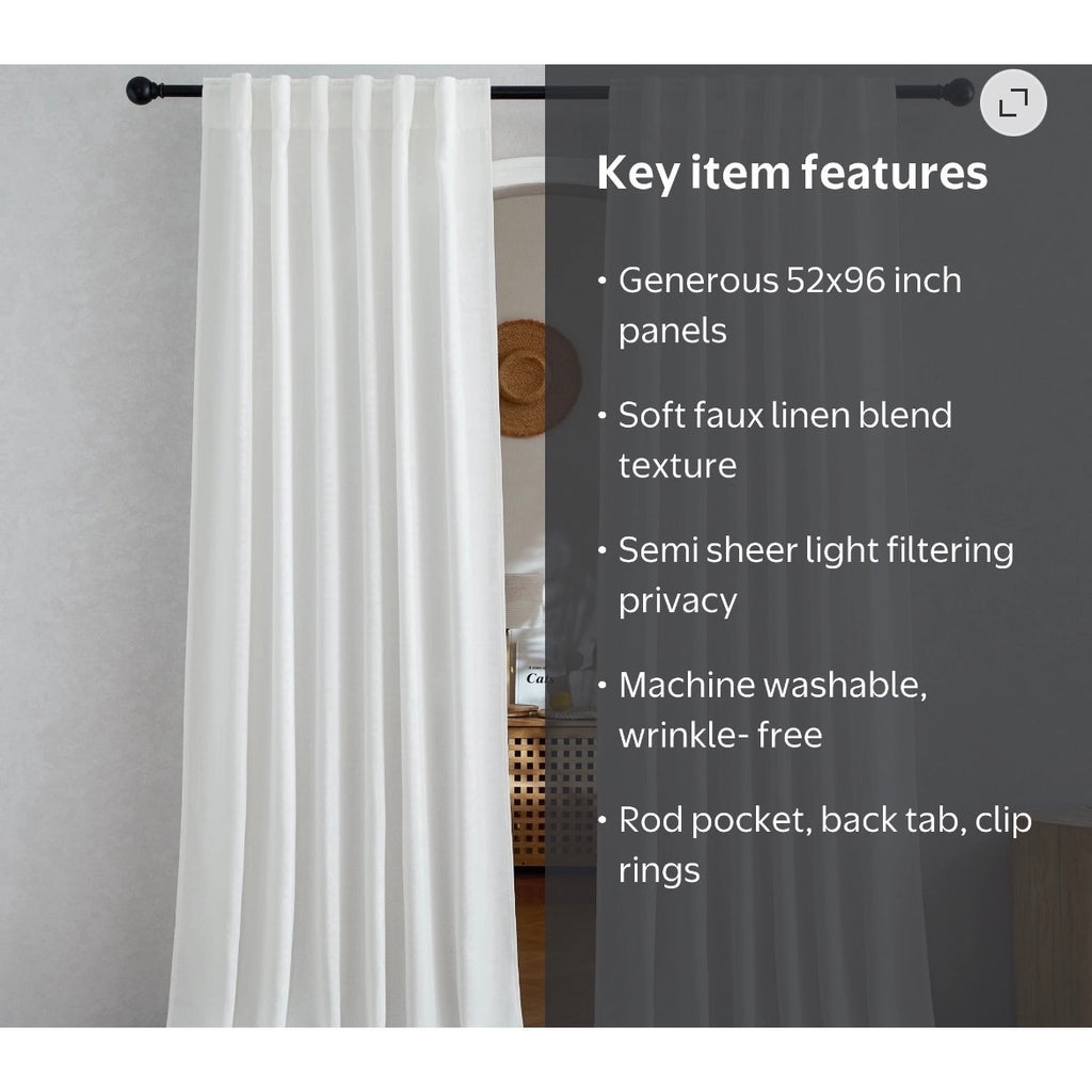 BRAND NEW ~ White Faux Linen Semi Sheer Light Filtering Curtains ~ 52" x 96"