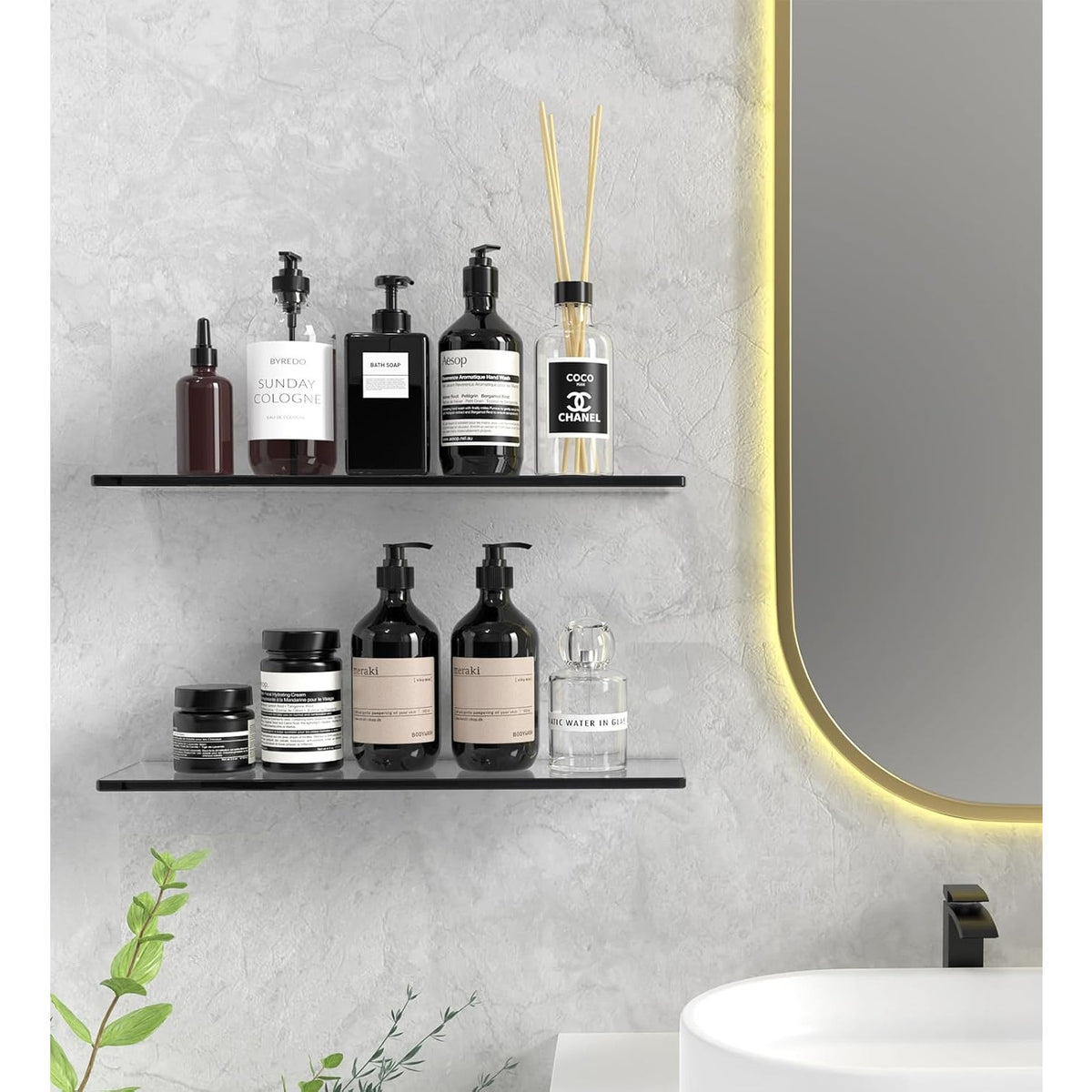NWT ~ Set/2 Smokey Gray Black Glass Floating Shelves Modern Farmhouse Bathroom