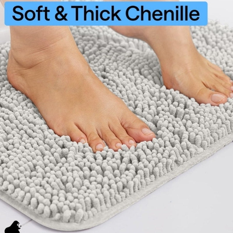BRAND NEW ~ Gray Chenille Bath Rug Rubber Back Quick Dry Bathroom Mat ~ 24 x 17