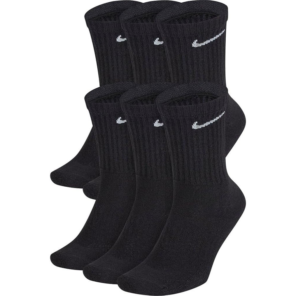 BRAND NEW ~ 6  Pairs Black Nike Unisex Adult Cushion Crew Socks White Swoosh