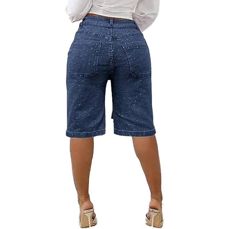NWT ~ Women's Rhinestone Denim Stretchy High Waisted Bermuda Jean Shorts ~ 14