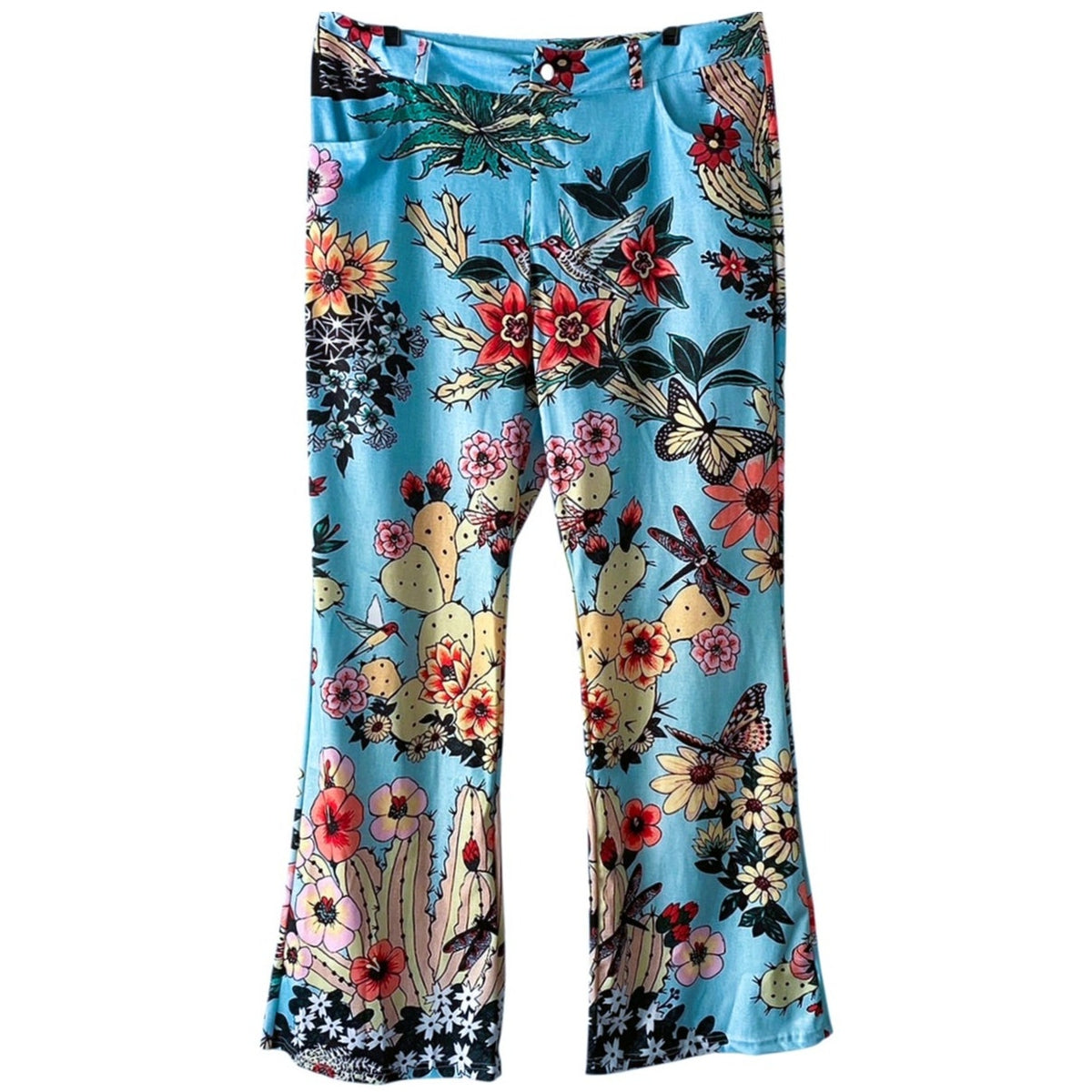 NWT ~ Blue Vintage Look Groovy 70's Polyester Floral Birds Flare Leg Pants ~ L