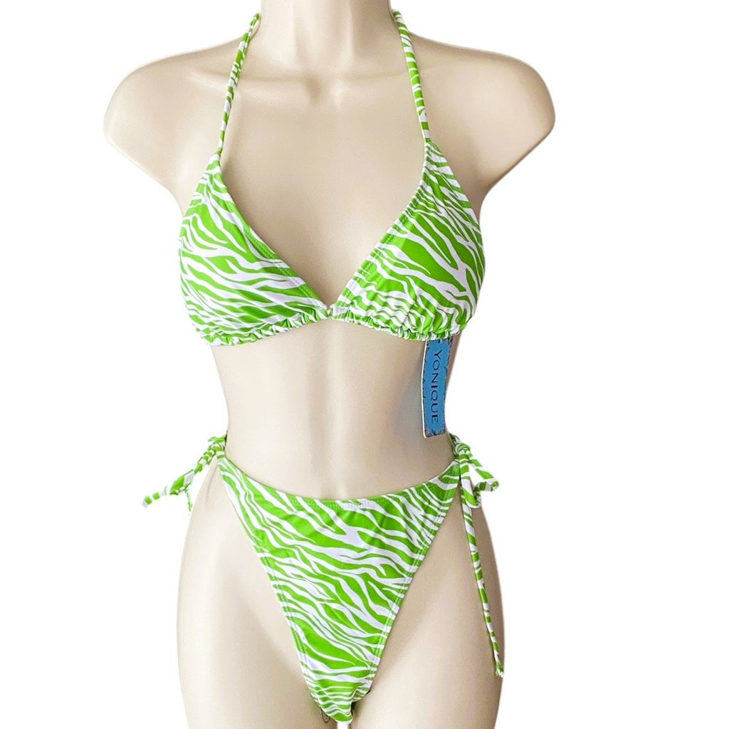 NWT ~ Set/3 Lime Green & White Zebra Drawstring Bikini Swimsuit & Sarong ~ LARGE
