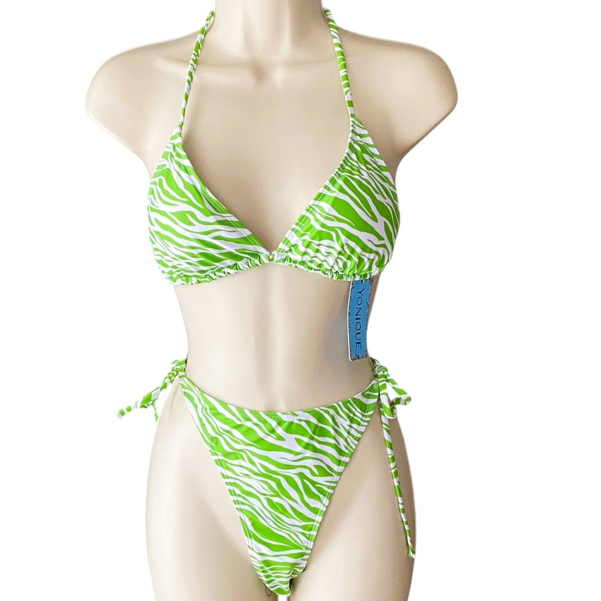 NWT ~ Set/3 Lime Green & White Zebra Drawstring Bikini Swimsuit & Sarong ~ LARGE