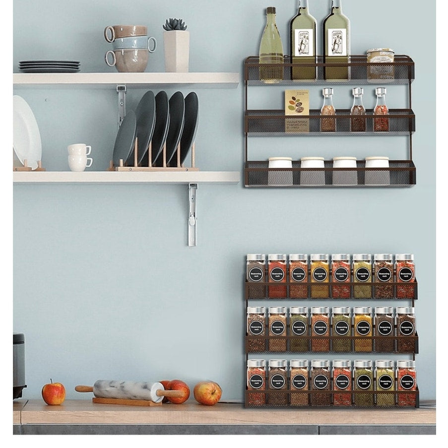 BRAND NEW ~ Set/2 Black Metal 3 Tier Spice Rack Wall Mount Organizer Shelves
