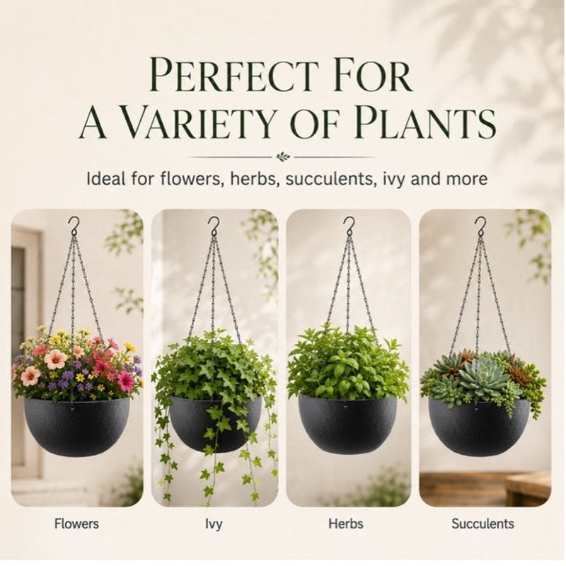 BRAND NEW ~ Set/2 Hanging Black Textured Planters Baskets Pots Chains & S-Hooks
