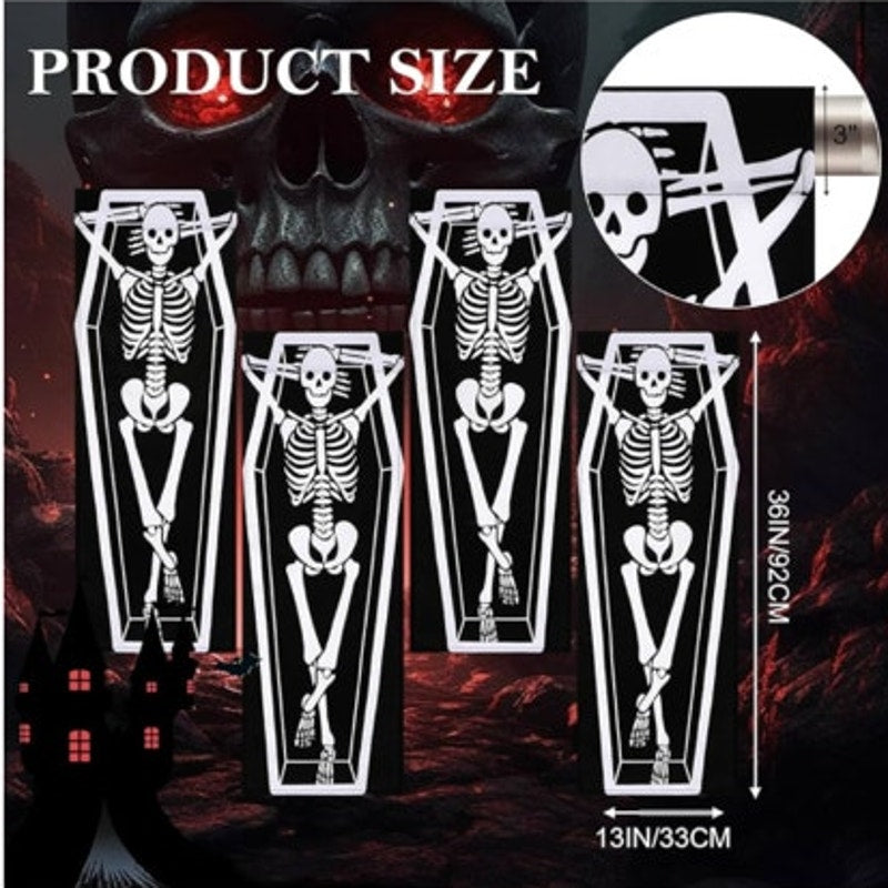 NWT ~ Set/ 4 Panels ~ Spooky Halloween Coffin Skeleton Curtains ~ 13" x 36" ea.