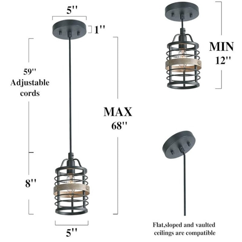 NWT ~ Matte Black Modern Farmhouse Hanging Spiral Metal Cage Pendant Light