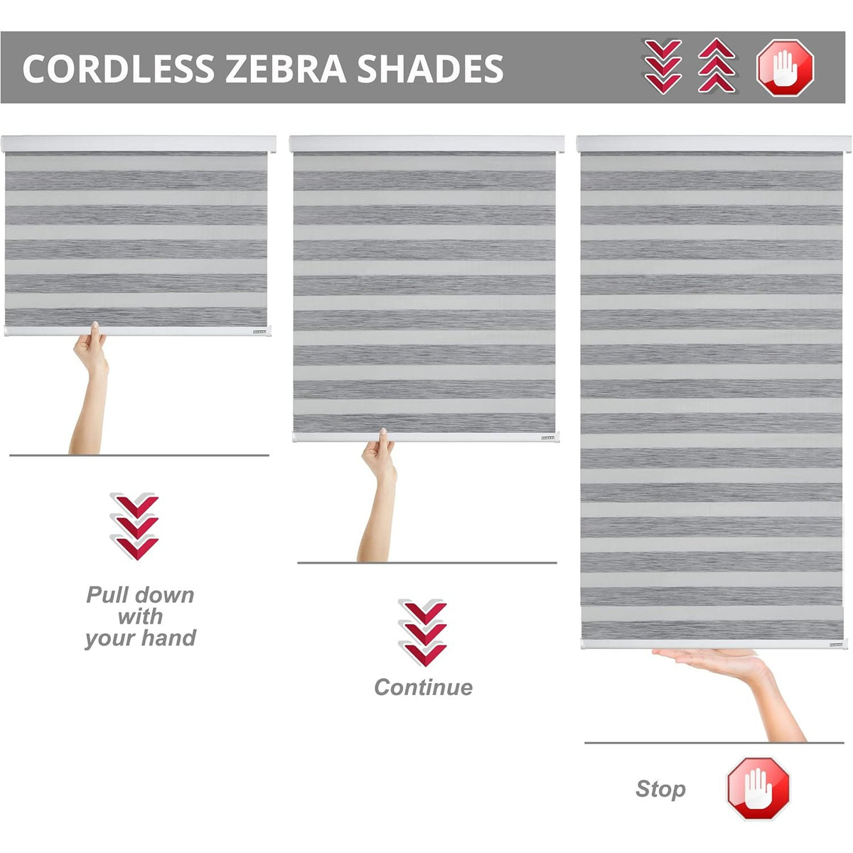 NWT ~ Gray Cordless Light Filtering Easy Installation Zebra Blinds - 33" x 72"