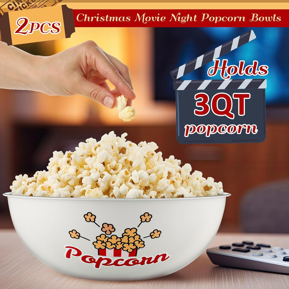 BRAND NEW ~ Set/2 Stainless Steel Red & White 3qt Metal Popcorn Serving Bowls