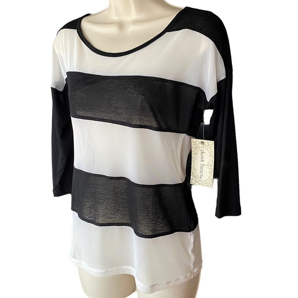 NWT ~ DEREK HEART Black & White Wide Mesh Stripe Top ~ Women's Size MEDIUM
