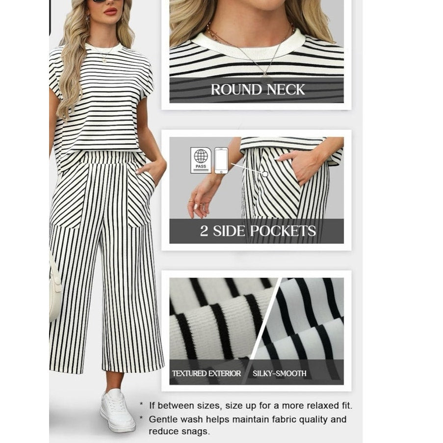NWT ~ Women's 2pc Black and White Stripe Casual Summer Loungewear Outfit ~ LARGE