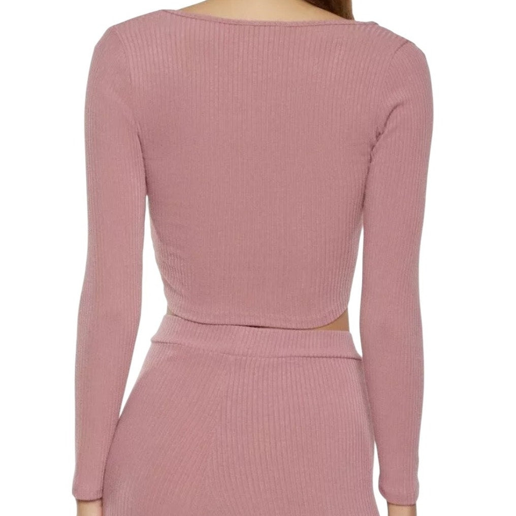 NWT ~ ROMWE Pink Ribbed Front Tie Cropped Long Sleeve Top ~ Women's Size LARGE
