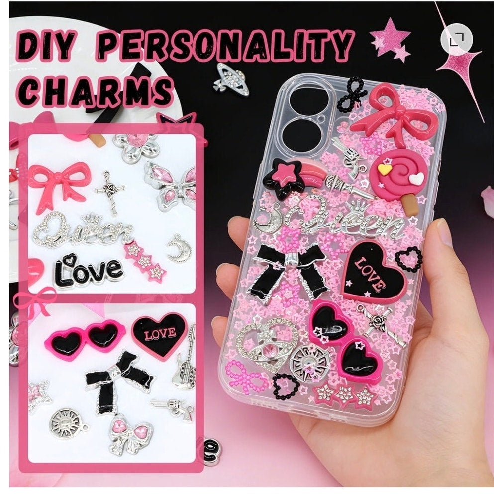 BRAND NEW ~ Pink Black Silver Nails & Phone Case Charms DIY Personalization Kit