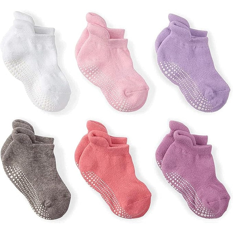 NWT ~ 6 Pairs Girls Cotton Blend Anti Slip Socks Asst. Colors ~ Infant 6-12 mos.