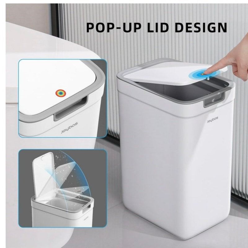 BRAND NEW ~ Set/2 Slim White Plastic Trash Cans with Pop-Up Lids 3.6Gal & 2.4Gal