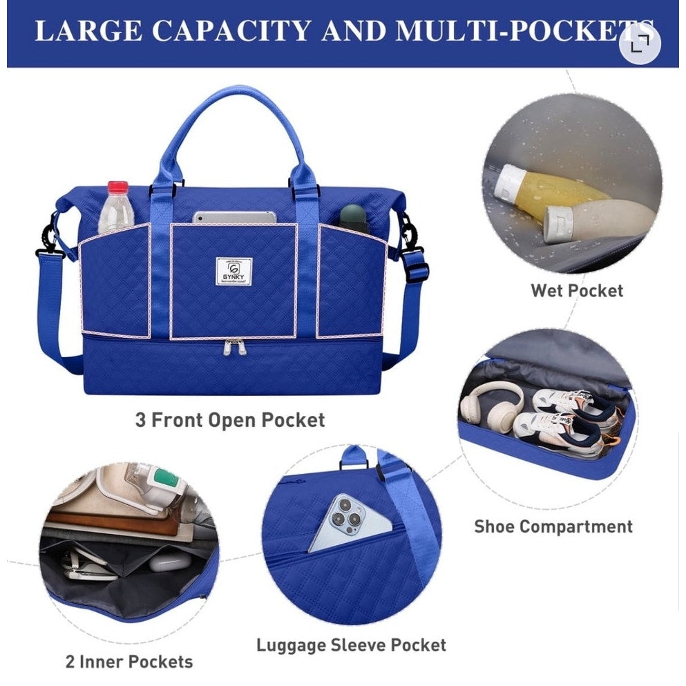 BRAND NEW Royal Blue Quilted Travel Overnight Duffle Bag Weekender & Wet Pocket