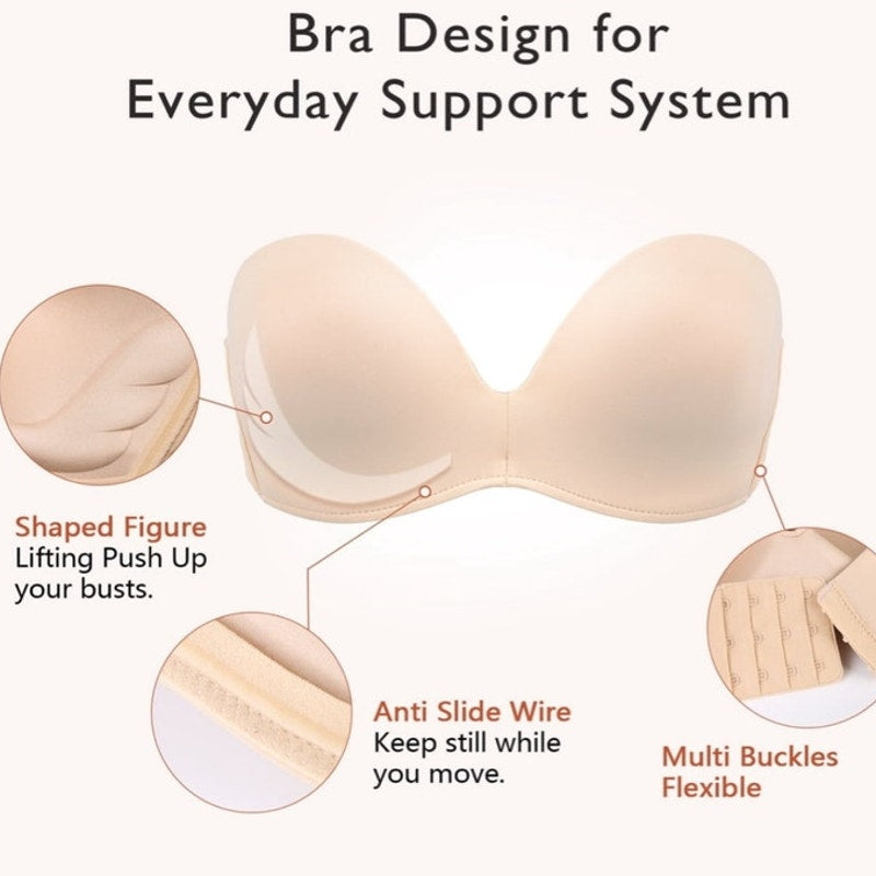 NWT ~ Strapless Seamless Wireless Anti Slip Push Up Bra Support Lift Size 38DD