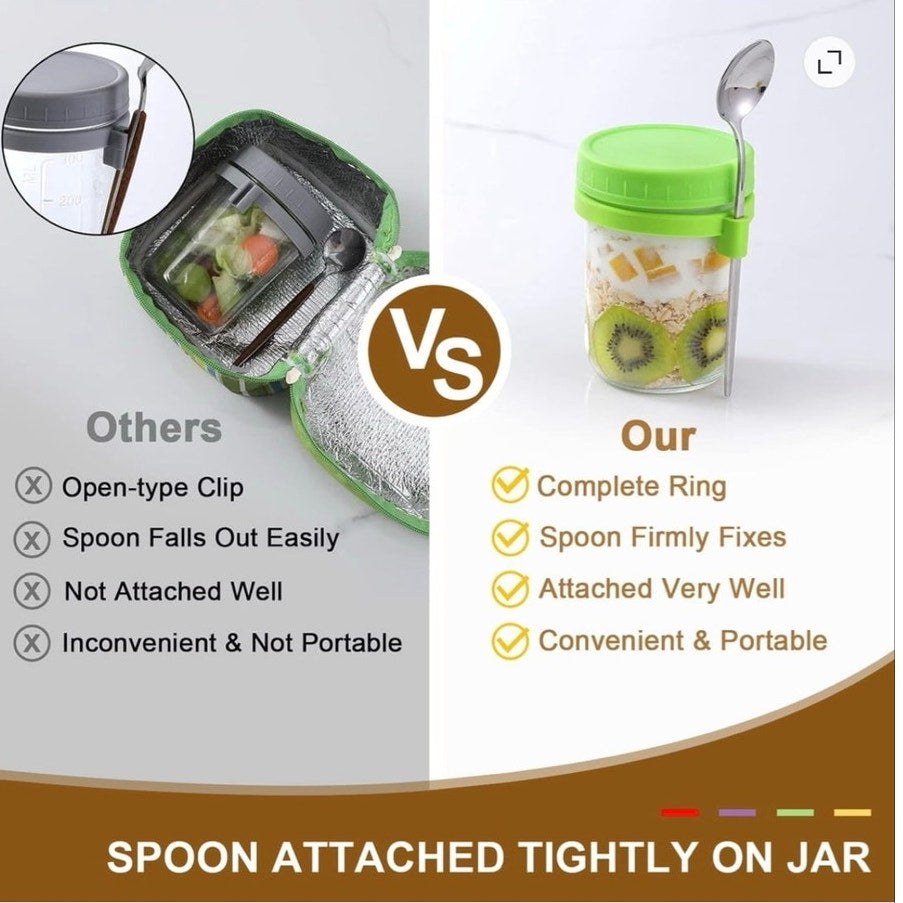BRAND NEW ~ 16oz Overnight Oats Glass Containers with Colorful Lids and Spoons