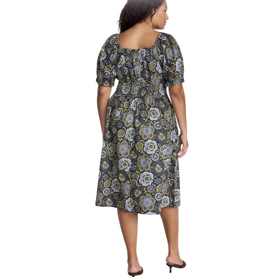 NWT ~ Plus Size Blue Floral Smocked Cotton Midi Dress & Short Puff Sleeves ~ 4X