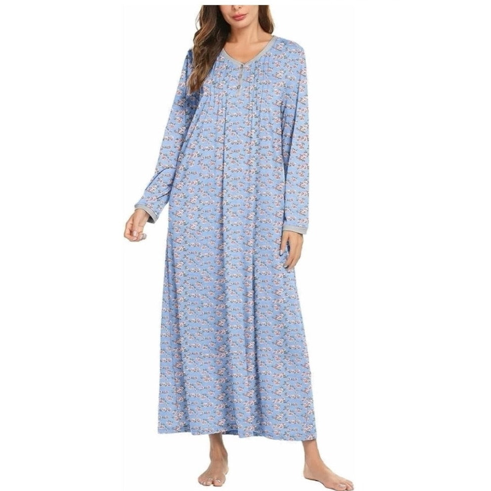 NWT ~ Light Blue Floral Long Sleeve Full Length Nightgown Sleep Dress ~ Size XL