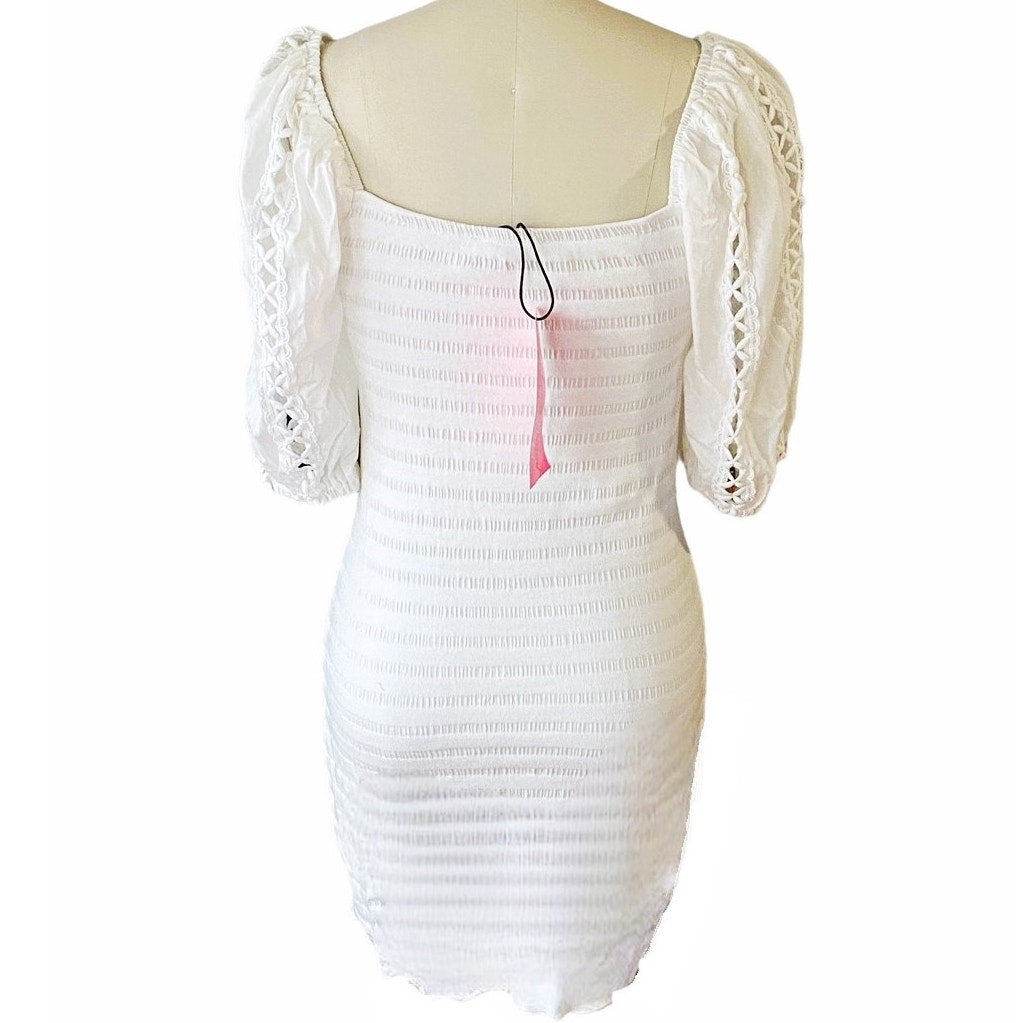 NWT ~ BETSEY JOHNSON Optic White Smocked Sleeve Bodycon Dress ~ Women's MEDIUM