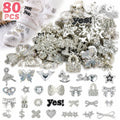 BRAND NEW ~ 80pcs Bulk Silver Rhinestone Big Bling Flat Back Charms Hearts Bows