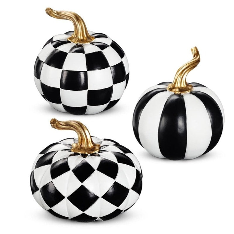 BRAND NEW ~ Set/3 Halloween Black & White Resin Pumpkins Gold Autumn Stems