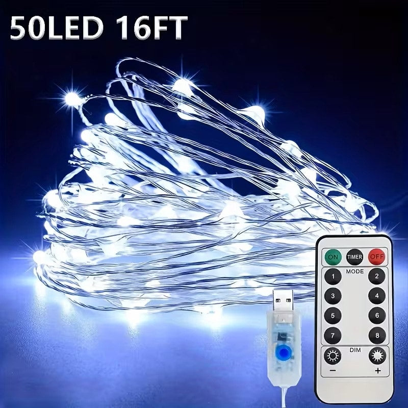 BRAND NEW ~ 16.4FT ~ 50LED White Lights USB ~ 8 Lighting Modes & Remote Control