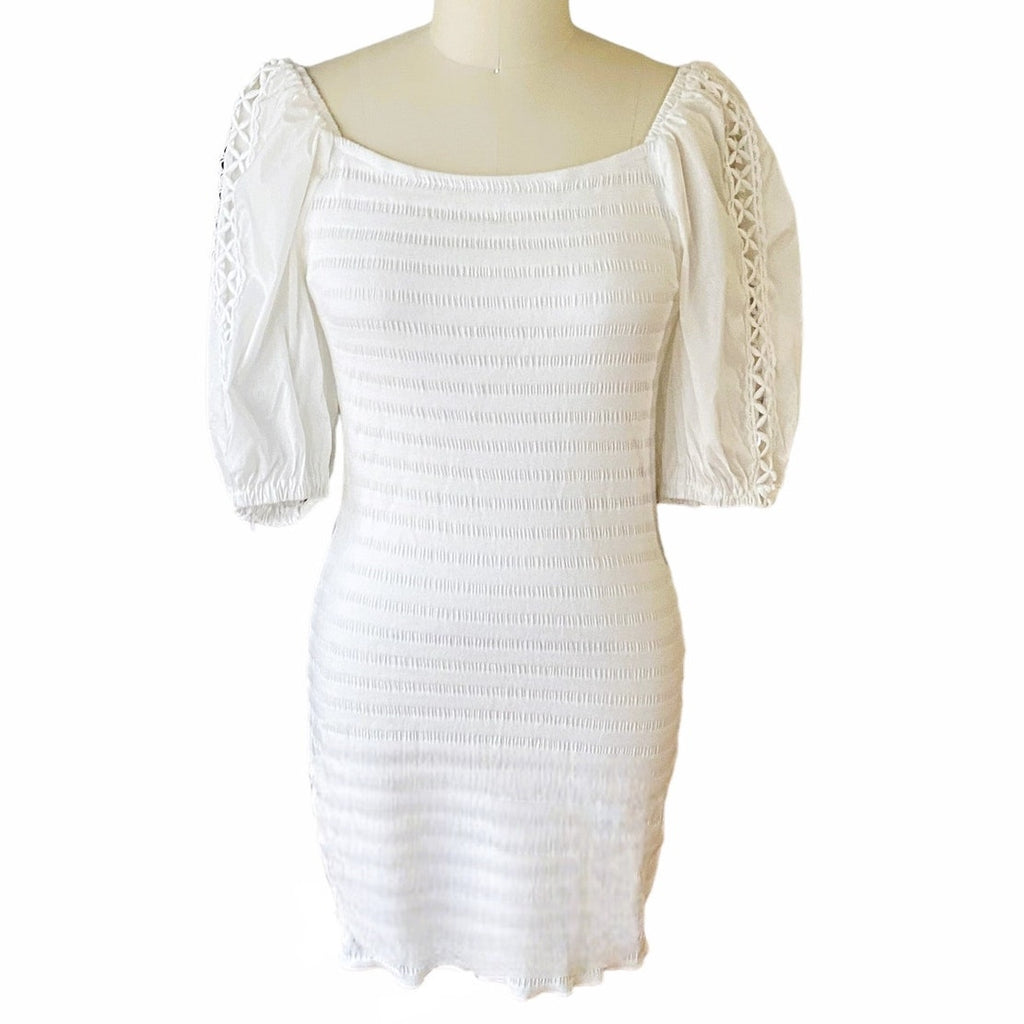 NWT ~ BETSEY JOHNSON Optic White Smocked Sleeve Bodycon Dress ~ Women's MEDIUM