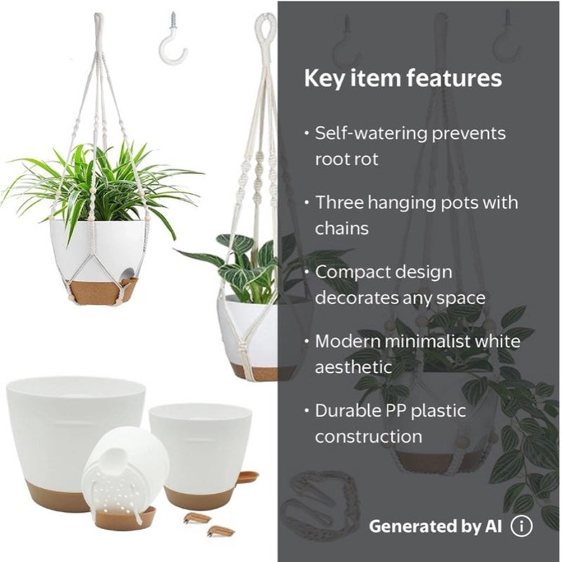 BRAND NEW ~ Set/3 White Hanging Planters & Cotton Rope Pot Hangers & Hooks