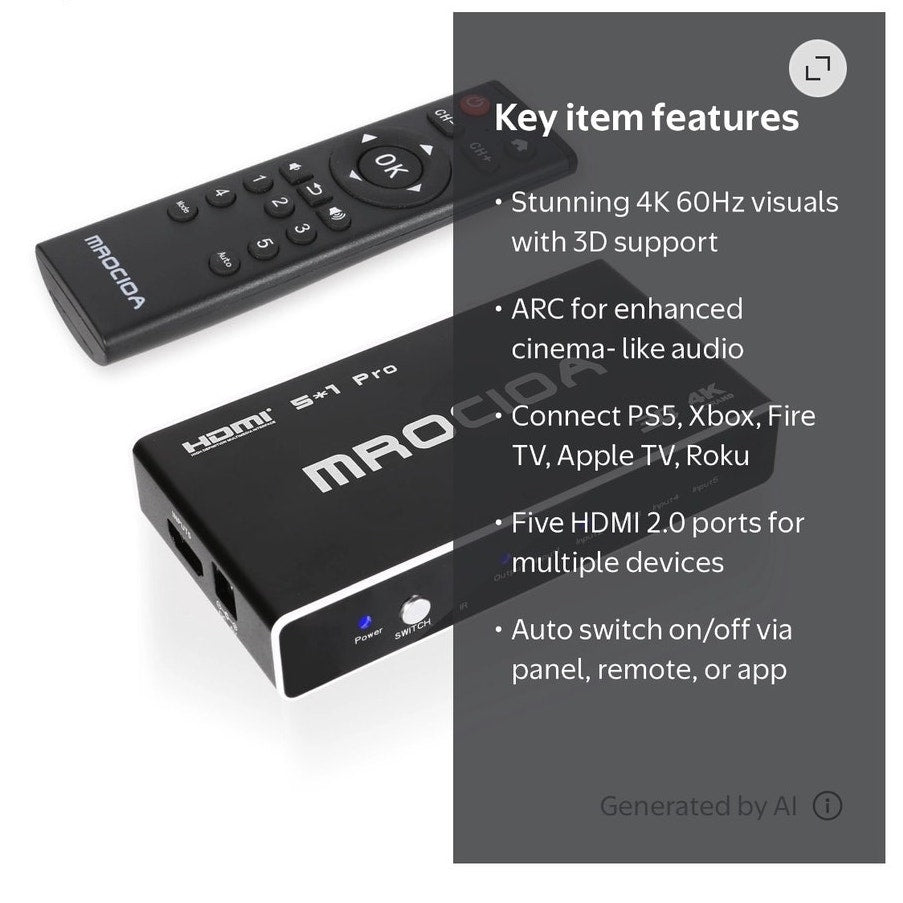 BRAND NEW ~ 4K 60Hz HDMI 2.0 Switch Box with ARC Splitter with IR Remote