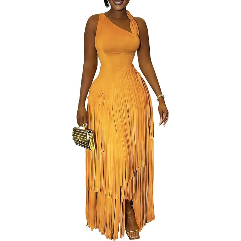 NWT ~ Women's Long Sleeveless Light Orange Fringe Maxi Party Dress ~ Size XL