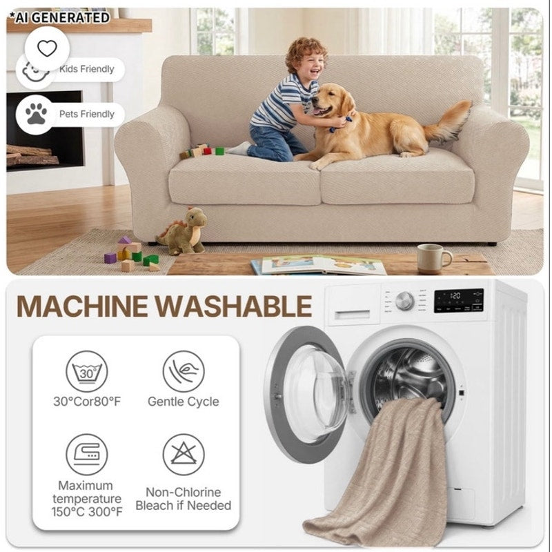 BRAND NEW ~ 3pc Light Beige Stretchy Washable Slipcover Loveseat Sofa Cover