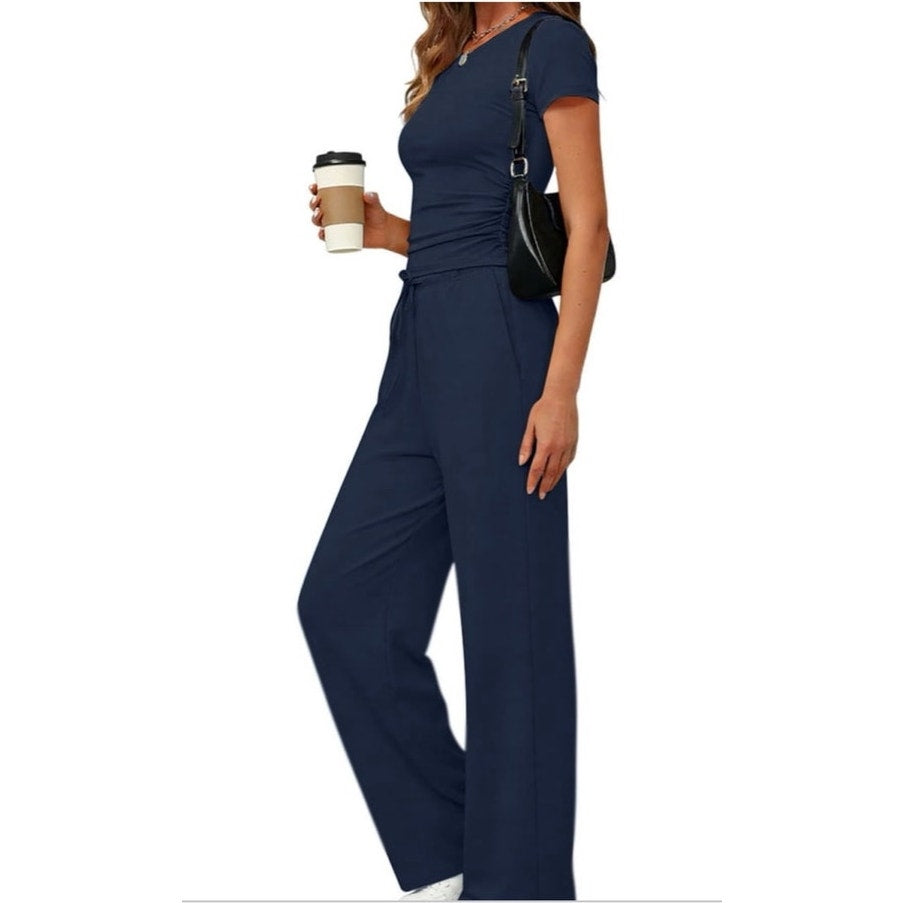 NWT Blue 2 Piece Summer Outfit Set Ruched Short Sleeve Top & Wide Leg Pants ~ L