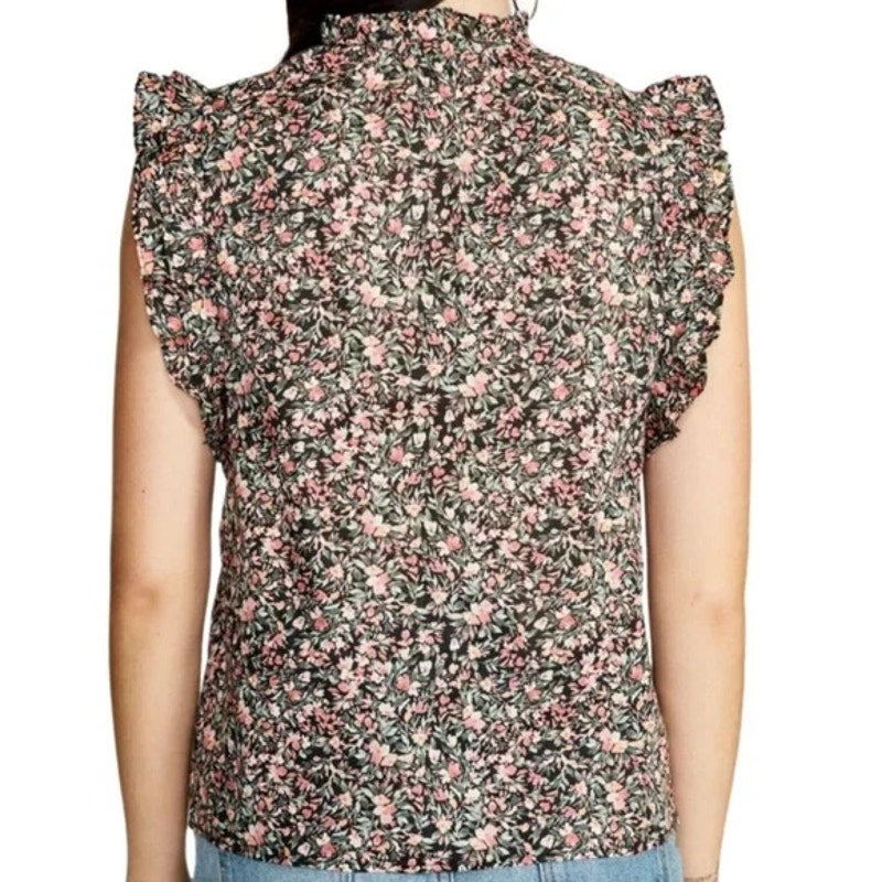 NWT ~ STEVE MADDEN Black Ruffle Calico Sleeveless Blouse Ditsy Top ~ SMALL