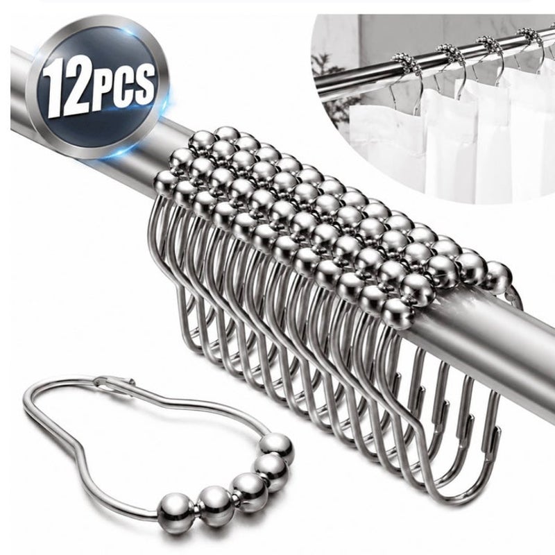 BRAND NEW ~ Set/12 Chrome Heavy Duty Shower Curtain Hooks Roller Rings & Balls