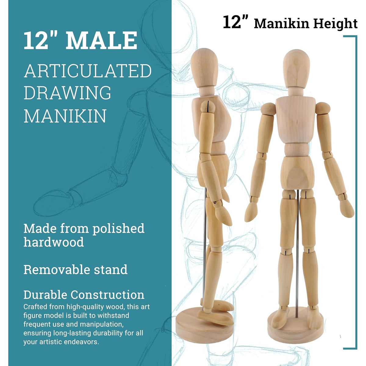 BRAND NEW ~ U.S. Art Supply 12" Wooden Male Manikin Posable Figure Drawing