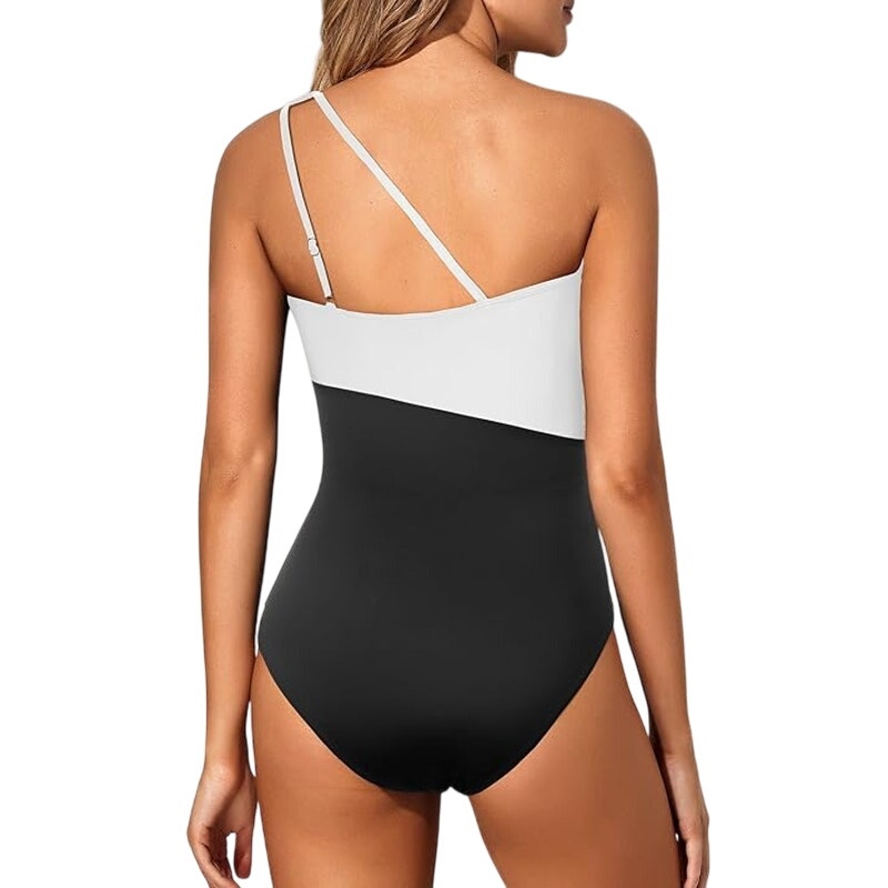 NWT ~ Black & White One Shoulder One Piece Tummy Control Swimsuit ~ Women's XL