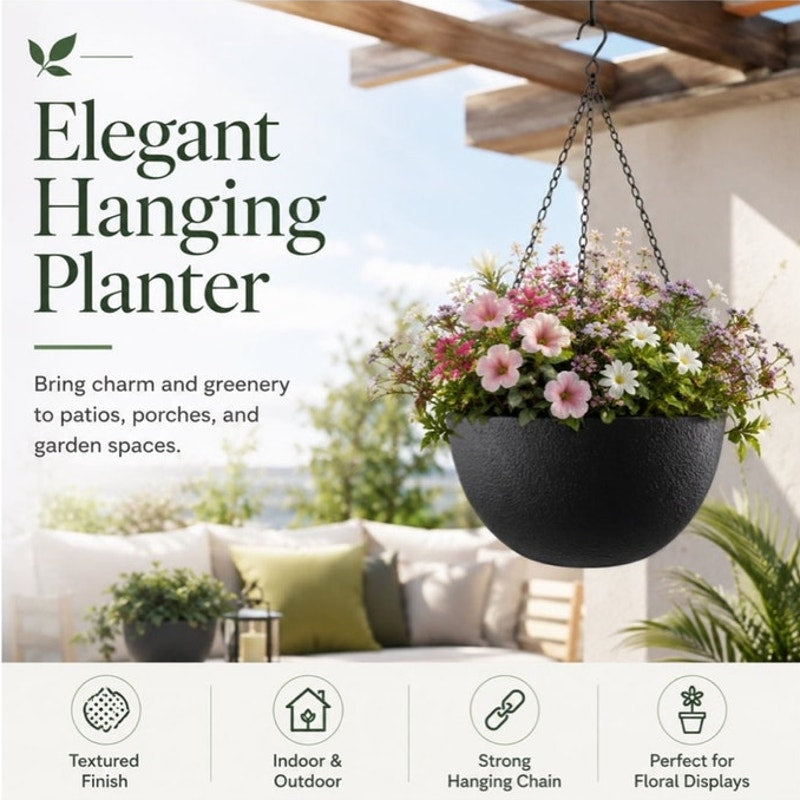 BRAND NEW ~ Set/2 Hanging Black Textured Planters Baskets Pots Chains & S-Hooks