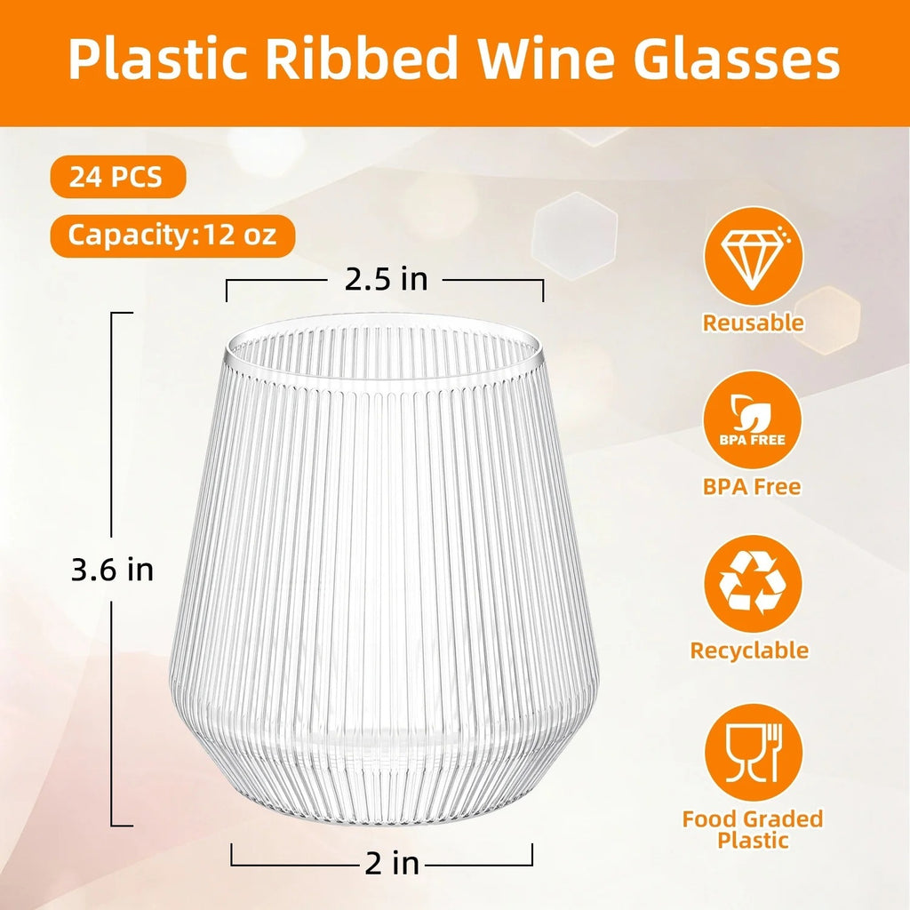 BRAND NEW ~ Set/24 Stemless 12 Oz Clear Ribbed Plastic Reusable Wine Glasses