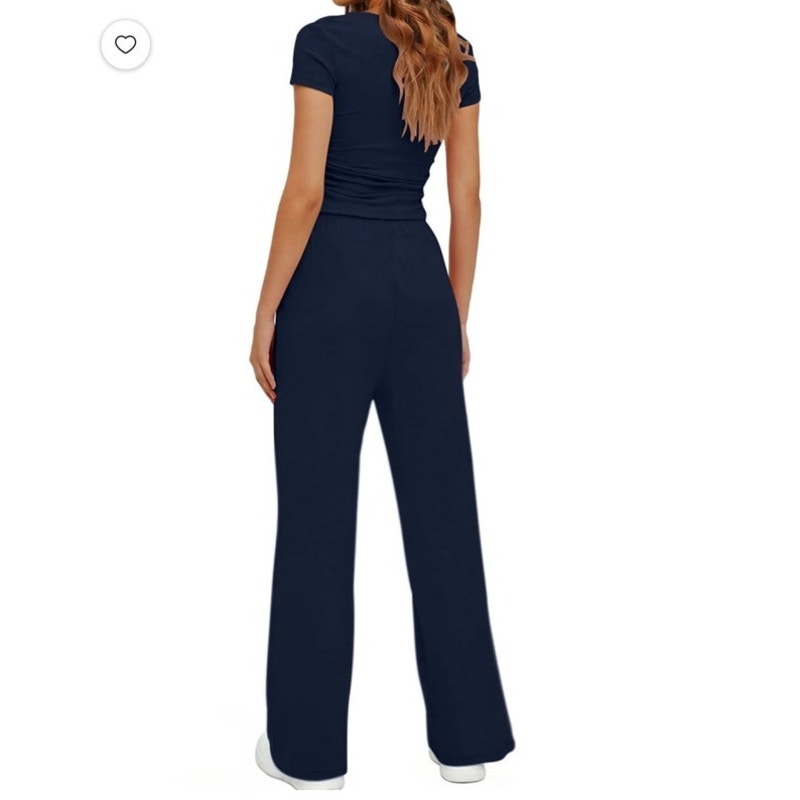 NWT ~ Womens Navy Blue 2pc Summer Outfit Top & Wide Leg Pants Loungewear Set ~ L